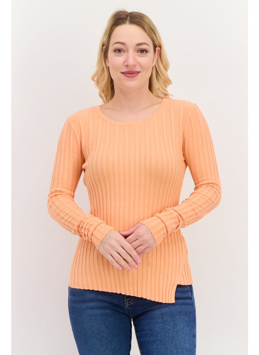 ESPRIT Women Round Neck Textured Long Sleeves Top, Orange  - Image 1