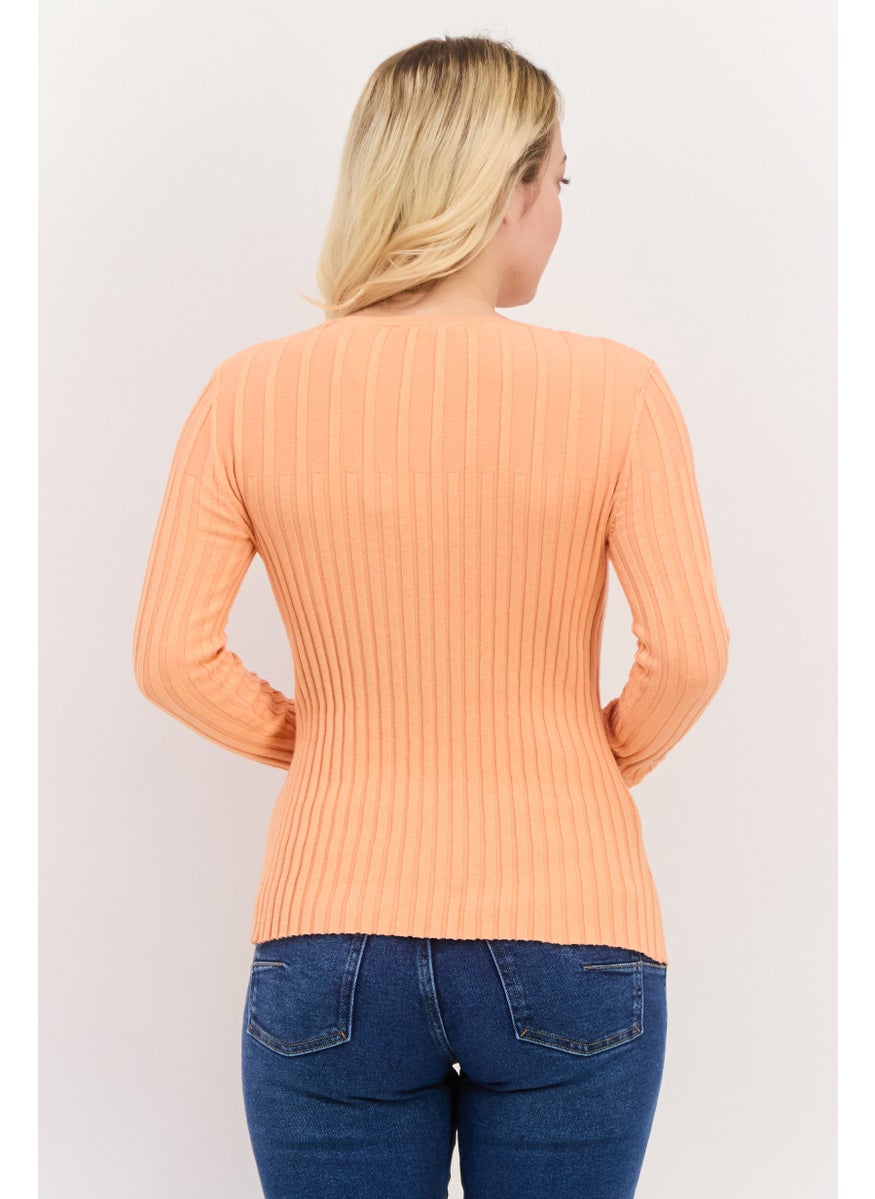 ESPRIT Women Round Neck Textured Long Sleeves Top, Orange  - Image 3