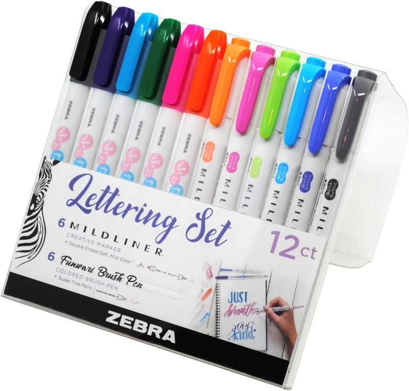 Zebra Pen Lettering Set, Includes 6 Mildliner Highlighters and 6 Brush Pen, Assorted Colors, 12 Pack