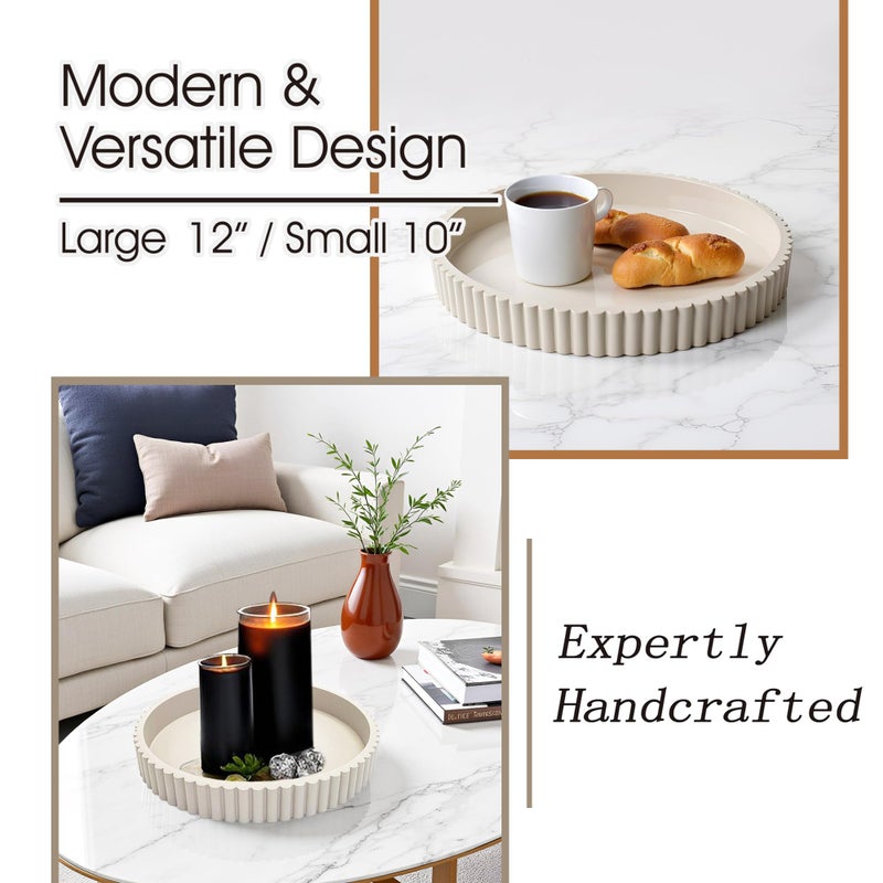 Buecasa Modern Table Round Decorative Trays 2pcs Home Decor - Circle Coffee Table Centerpiece Set 12"/10" - Wooden Warm Grey Ottoman Tray with Fluted Edge - Image 3