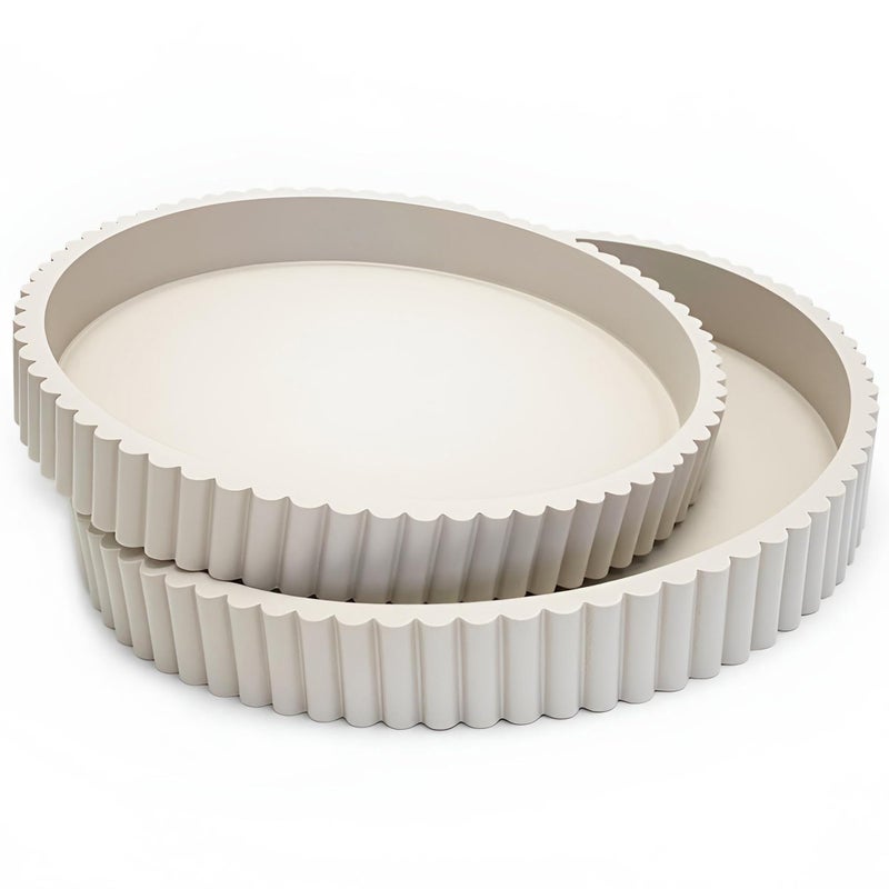 Buecasa Modern Table Round Decorative Trays 2pcs Home Decor - Circle Coffee Table Centerpiece Set 12"/10" - Wooden Warm Grey Ottoman Tray with Fluted Edge - Image 1
