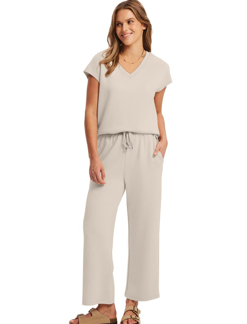Saloogoe Two Piece Matching Sets Women Clothing Loose Fitting Soft V Neck T Shirts Wide Leg Pants Woman Summer Outfits Plus Size Fall Fashion Deals Beige L - Image 3