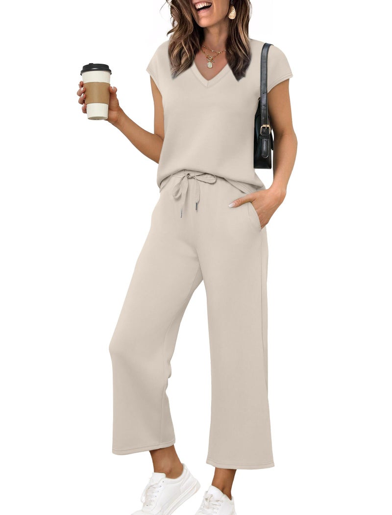 Saloogoe Two Piece Matching Sets Women Clothing Loose Fitting Soft V Neck T Shirts Wide Leg Pants Woman Summer Outfits Plus Size Fall Fashion Deals Beige L - Image 1