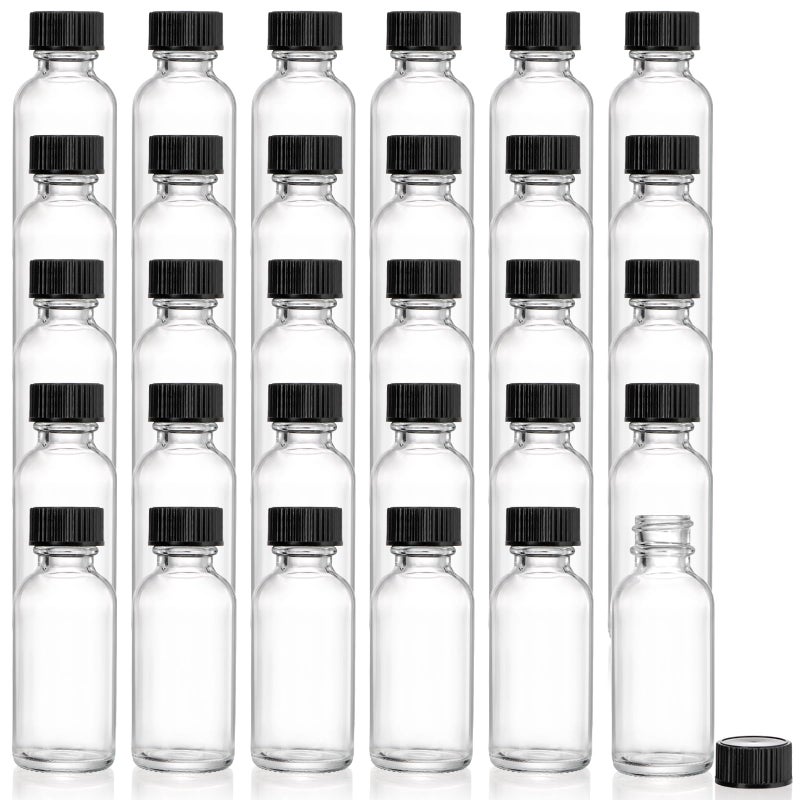 Bekith 30 Pack Boston Round Glass Bottle with Black Cap 1 oz Capacity Clear