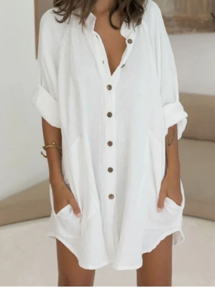 Loquat Casual Loose Single Breasted Shirt Dress White