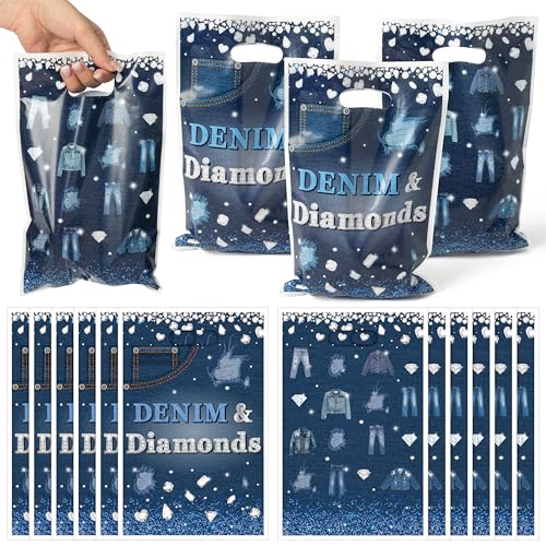 K1tpde 50PCS Denim and Diamonds Party Favor Bags, Denim Themed Blue Jacket Jeans Plastic Goodie Gift Bags Bulk with Handle for Kid, Crystal Birthday Party Supplies for Bachelorette Wedding Decor - Image 1