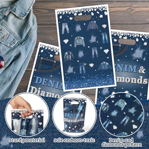 K1tpde 50PCS Denim and Diamonds Party Favor Bags, Denim Themed Blue Jacket Jeans Plastic Goodie Gift Bags Bulk with Handle for Kid, Crystal Birthday Party Supplies for Bachelorette Wedding Decor - Image 3