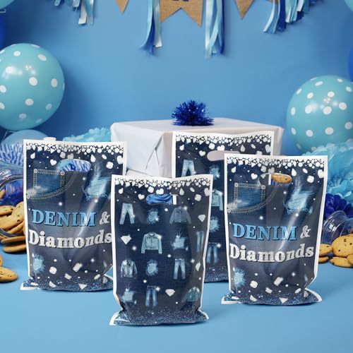 K1tpde 50PCS Denim and Diamonds Party Favor Bags, Denim Themed Blue Jacket Jeans Plastic Goodie Gift Bags Bulk with Handle for Kid, Crystal Birthday Party Supplies for Bachelorette Wedding Decor - Image 4