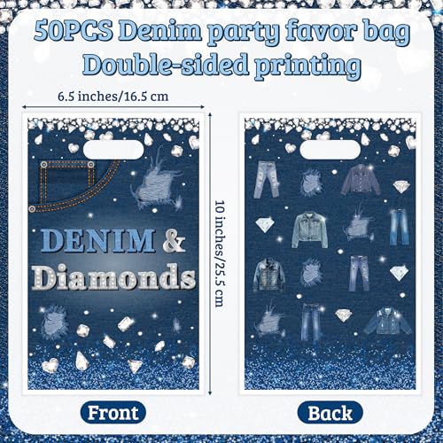 K1tpde 50PCS Denim and Diamonds Party Favor Bags, Denim Themed Blue Jacket Jeans Plastic Goodie Gift Bags Bulk with Handle for Kid, Crystal Birthday Party Supplies for Bachelorette Wedding Decor - Image 2