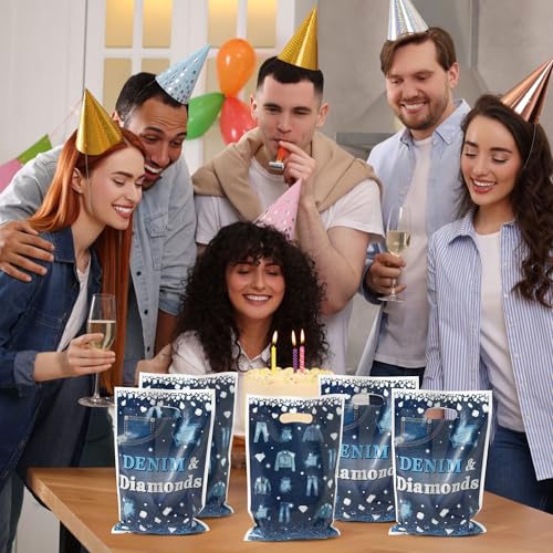 K1tpde 50PCS Denim and Diamonds Party Favor Bags, Denim Themed Blue Jacket Jeans Plastic Goodie Gift Bags Bulk with Handle for Kid, Crystal Birthday Party Supplies for Bachelorette Wedding Decor - Image 5