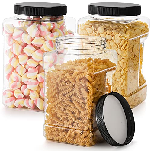 Lawei 3 Pack Square Clear Plastic Jars 98 Oz Wide Mouth Storage Containers with ScrewOn Lids Refillable BPA Free Empty PET Jars for Dry Goods Peanut Cookies Candy Easy Grip Airtight Storage Jar - Image 1