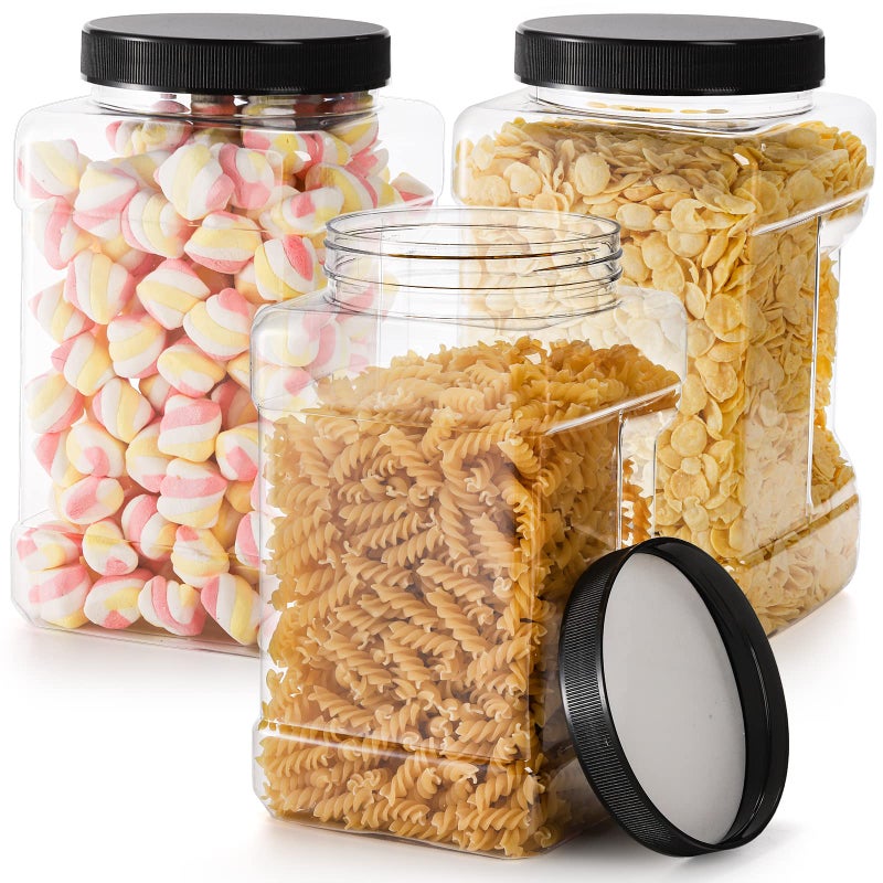 Lawei 3 Pack Square Clear Plastic Jars 98 Oz Wide Mouth Storage Containers with ScrewOn Lids Refillable BPA Free Empty PET Jars for Dry Goods Peanut Cookies Candy Easy Grip Airtight Storage Jar - Image 2