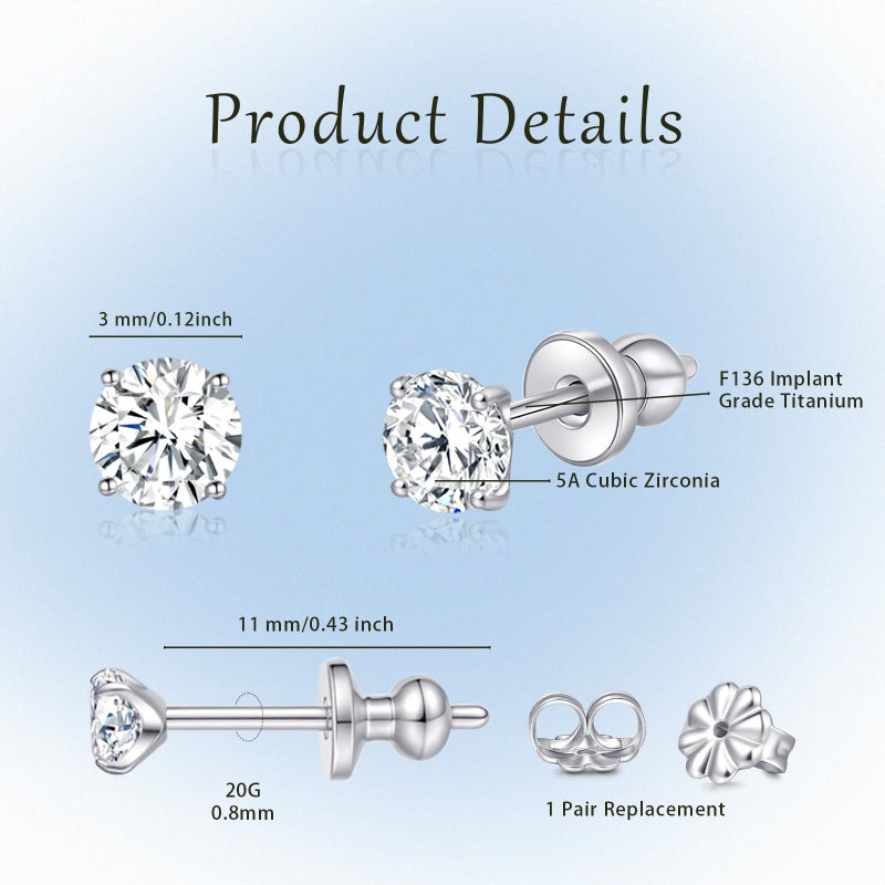 Limerencia G23 Pure Titanium Earrings F136 Implant Grade Titanium Studs 20G Hypoallergenic Round Cubic Zirconia/Princess-Cut/Square/Ball Earrings for Women Men Sensitive Ears(3mm Cubic Zirconia) - Image 3
