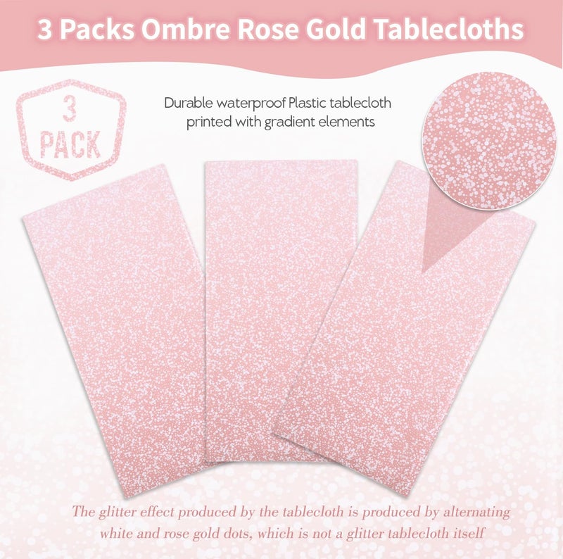 Kesfey 3 Packs Ombre Rose Gold Tablecloth 54 x 108 Inch Gradient Pastel Rose Gold Sequin Table Cloths Rectangle Disposable Plastic Rose Gold Sprinkle Glitter Table Cover for Birthday Party Decorations - Image 3