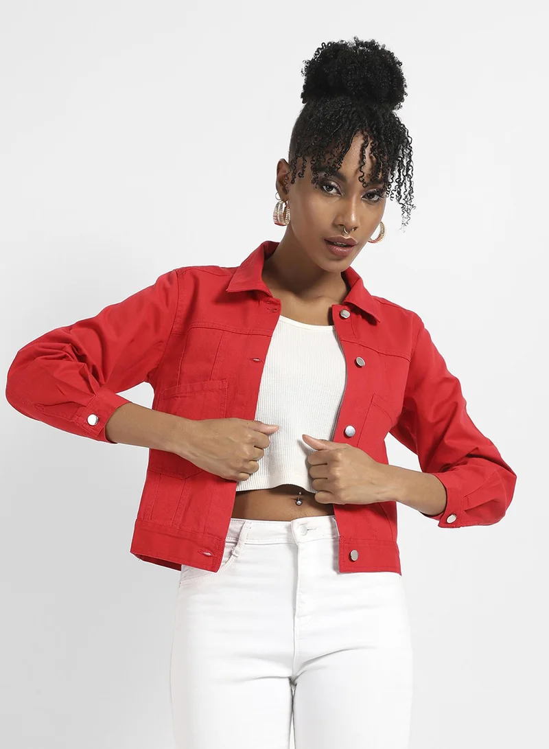 Campus Sutra Women's Red Patch Pocket Denim Jacket With Detachable Hood For Casual Wear | Spread Collar  | Long Sleeve | Button Closure | Cotton Jacket Crafted With Comfort Fit For Everyday Wear
