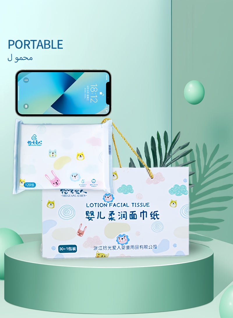 منديل محمول،الاحتكاك المنخفض 3 طبقات، 120 ورقة في كل علبة، حزمة قيمة من 31 علبة،خاصة بالأطفال ،الرضّع،مرضى التهاب الأنف،خالية من المضافات الفلورسنت - Image 2
