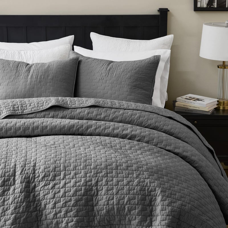 palassio Dark Grey 100% Cotton Quilt Queen Size Bedding Sets with 2 Pillow Shams, Textured Lightweight Soft Bedspread Shabby Chic Coverlet, Quilted Comforter Bed Cover for All Season, 3 Pieces - Image 4