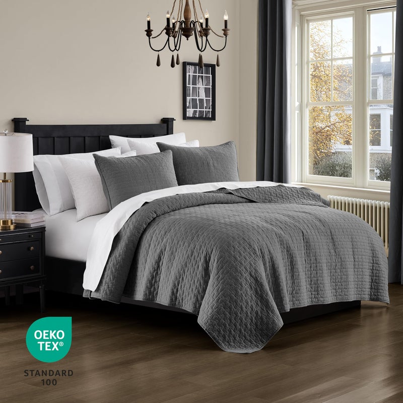 palassio Dark Grey 100% Cotton Quilt Queen Size Bedding Sets with 2 Pillow Shams, Textured Lightweight Soft Bedspread Shabby Chic Coverlet, Quilted Comforter Bed Cover for All Season, 3 Pieces - Image 3