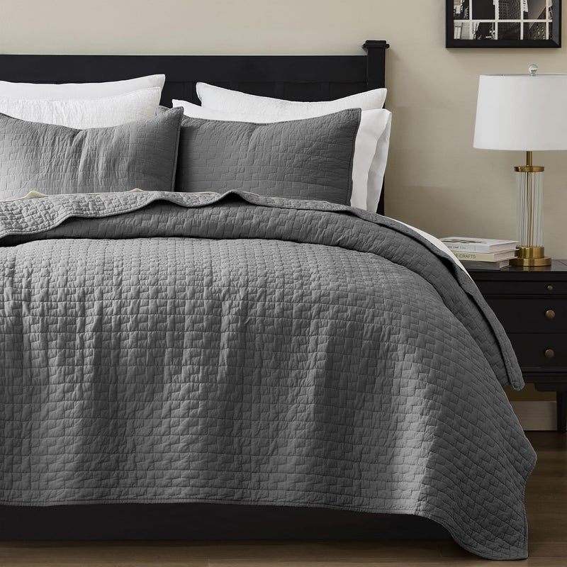 palassio Dark Grey 100% Cotton Quilt Queen Size Bedding Sets with 2 Pillow Shams, Textured Lightweight Soft Bedspread Shabby Chic Coverlet, Quilted Comforter Bed Cover for All Season, 3 Pieces - Image 1