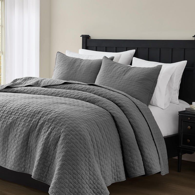 palassio Dark Grey 100% Cotton Quilt Queen Size Bedding Sets with 2 Pillow Shams, Textured Lightweight Soft Bedspread Shabby Chic Coverlet, Quilted Comforter Bed Cover for All Season, 3 Pieces - Image 5