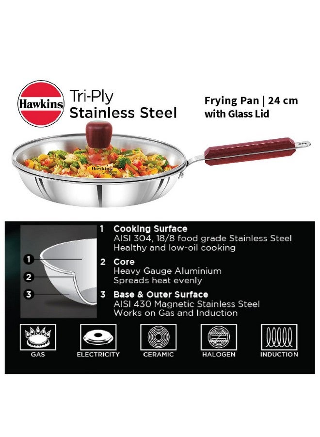 Hawkins 24 cm Frying Pan, Triply Stainless Steel Fry Pan with Glass Lid, Induction Frying Pan, Frypan, Silver (SSF24G) - Image 2
