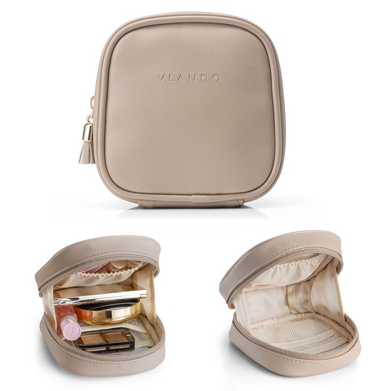 Vlando Mini Makeup Bag, Small Makeup Bag for Purse with Slip-in Pockets, Portable Travel Toiletry Bag with Zipper, Waterproof Make up Organizer Case for Women - Toffee - Image 1