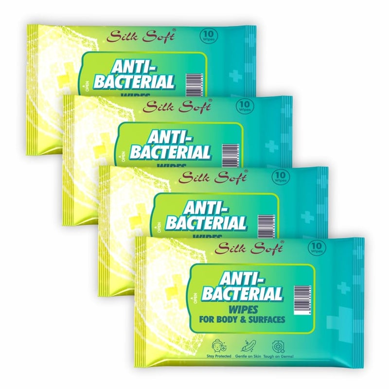 Silk Soft Antibacterial Wet Wipes – 40 Wipes (10 x 4 Travel Packs) | Kills 99% Germs, Alcohol-Free & Skin-Friendly | For Hands, Face, Surfaces & Travel Hygiene - Image 1