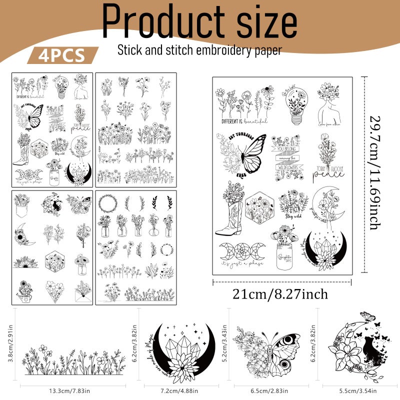 VISSTREE Water Soluble Stabilizer Embroidery Paper, 4 Sheet 60 PCS Boho Stick and Stitch Embroidery Paper Wash Away, Butterfly Flower Moon Transfers Papers DIY Crafts Gifts for Hand Sewing Lover Beginners - Image 2