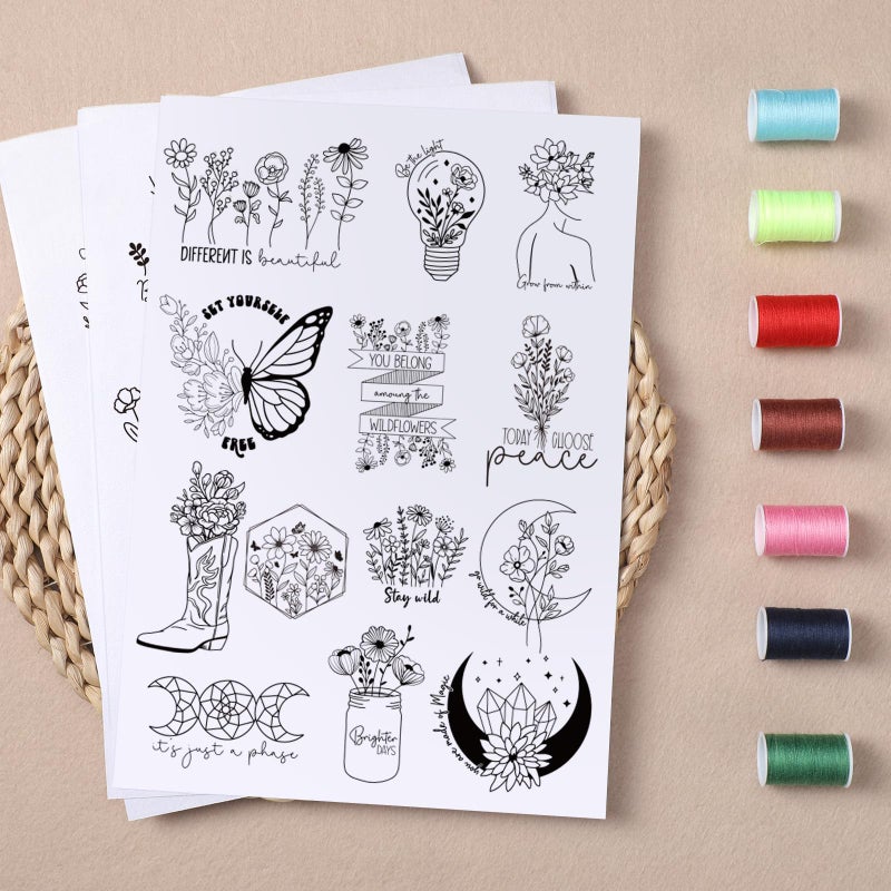 VISSTREE Water Soluble Stabilizer Embroidery Paper, 4 Sheet 60 PCS Boho Stick and Stitch Embroidery Paper Wash Away, Butterfly Flower Moon Transfers Papers DIY Crafts Gifts for Hand Sewing Lover Beginners - Image 5