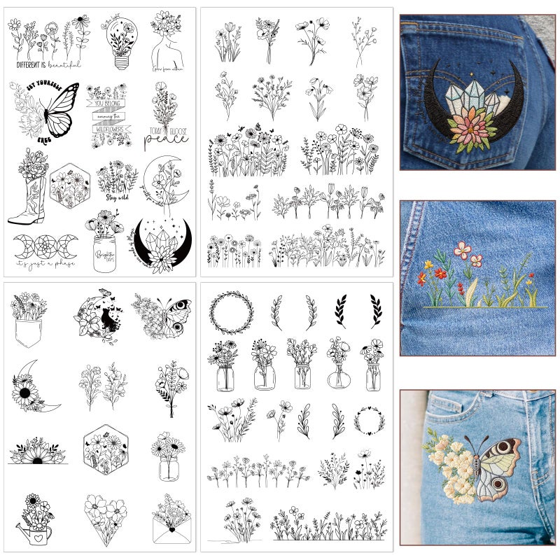 VISSTREE Water Soluble Stabilizer Embroidery Paper, 4 Sheet 60 PCS Boho Stick and Stitch Embroidery Paper Wash Away, Butterfly Flower Moon Transfers Papers DIY Crafts Gifts for Hand Sewing Lover Beginners - Image 1