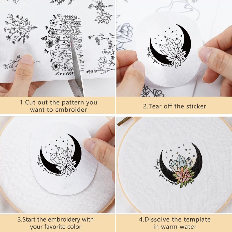 VISSTREE Water Soluble Stabilizer Embroidery Paper, 4 Sheet 60 PCS Boho Stick and Stitch Embroidery Paper Wash Away, Butterfly Flower Moon Transfers Papers DIY Crafts Gifts for Hand Sewing Lover Beginners - Image 3