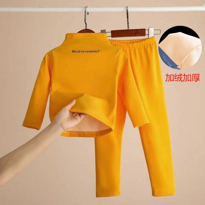 Childrens fleece-lined thickened turtleneck bottoming shirt suit winter boys and girls long johns underwear suit baby middle and big children Yellow suit