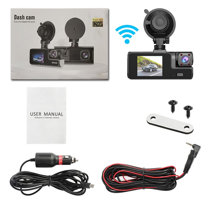 C309 Three-Lens Dash Cam With Wifi, Mobile Phone Connectivity, High-Definition Triple Recording, Front, Interior, And Rear Loop Recording - Image 1
