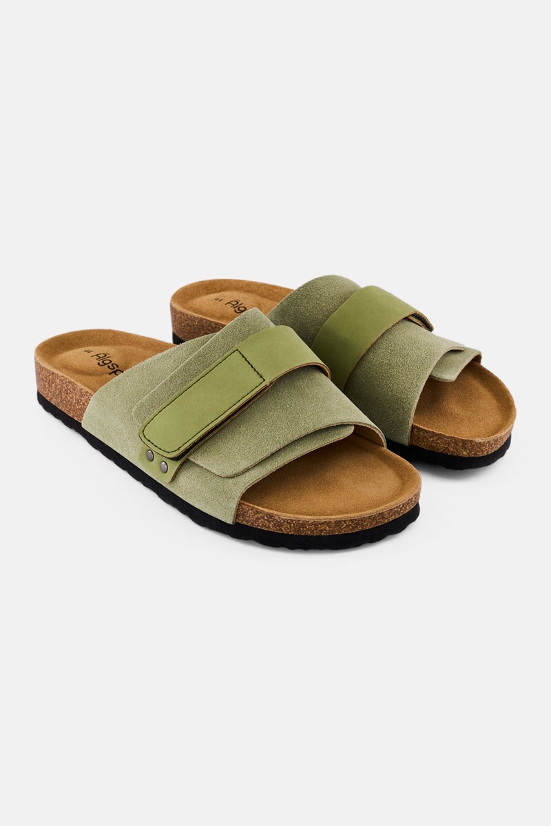 Algspar Men Velcro Closure Cork Sandals, Faded Olive - Image 1