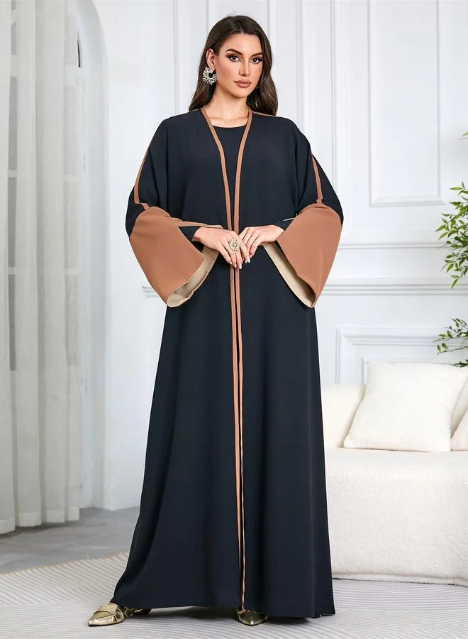 تايك تو Black Contrast Trims Open Front Maxi Abaya