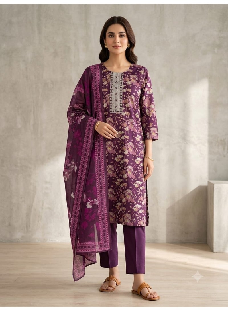 Women's Floral Printed Kurti Suit with Trousers and Dupatta - Purple