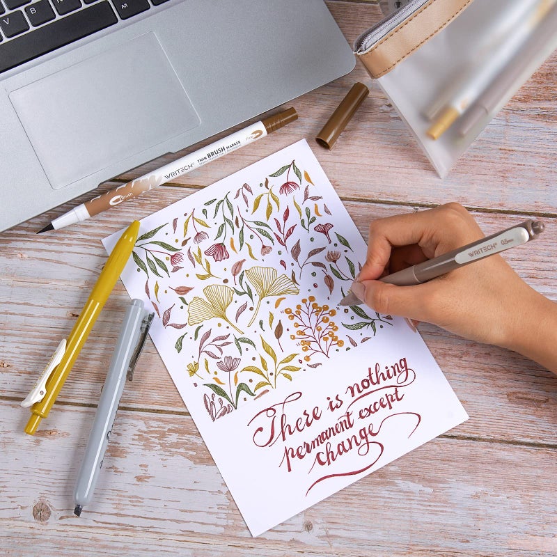 WRITECH أقلام جل للتدوين WRITECH مع علامات تمييز: قلم حبر جل قابل للسحب بقطر 0.5 مم ونقاط دقيقة بألوان متنوعة، قلم تمييز متعدد الألوان، قلم فرشاة مزدوج الطرف، عبوة 9 قطع (ألوان طبيعية)  - Image 4