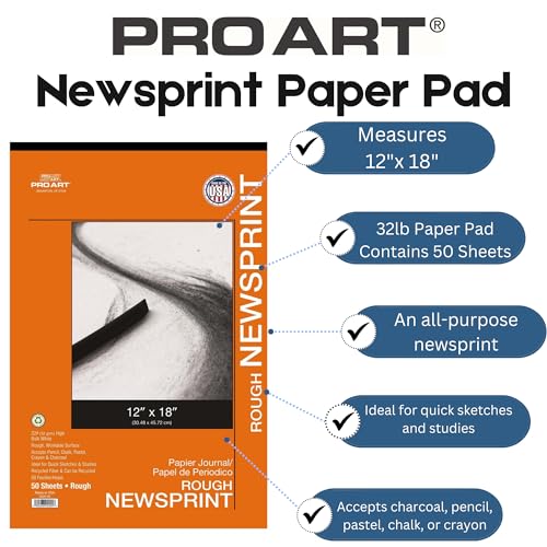 PRO ART 12-Inch by 18-Inch Rough Newsprint Paper Pad, 12-inch x 18-inch, 50 Sheet Tape Bound Pad (0220-05) - Image 2