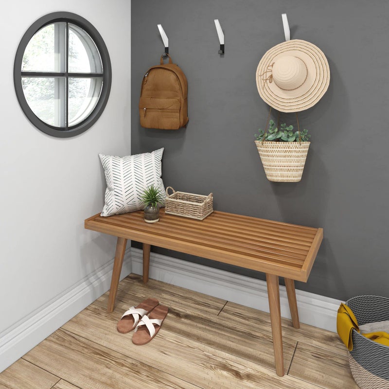 Plank+Beam Entryway Bench, Wooden End of Bed Bench for Bedroom, Mid-Century Modern Square Bench for Hallway, Living Room, Indoor, Porch, 41.25", Pecan - Image 2