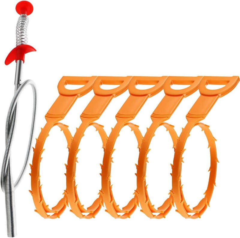 Omont 6 Pack Drain Hair Remover, 24 Inch Flexible Sink Snake Tool for Clogged Pipes and Tubes, Orange Drain Cleaner - Image 1