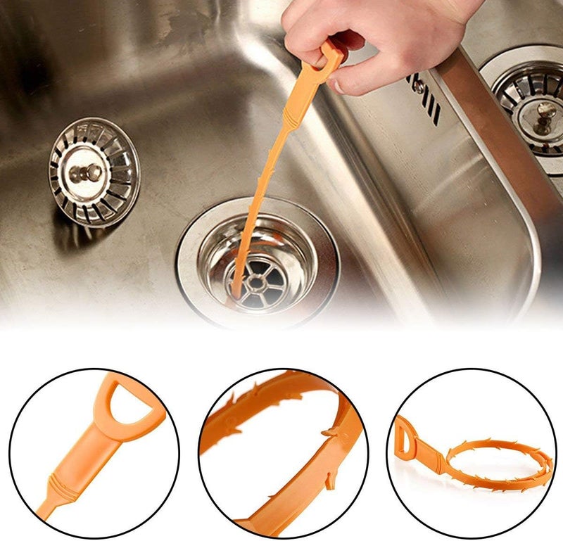Omont 6 Pack Drain Hair Remover, 24 Inch Flexible Sink Snake Tool for Clogged Pipes and Tubes, Orange Drain Cleaner - Image 3