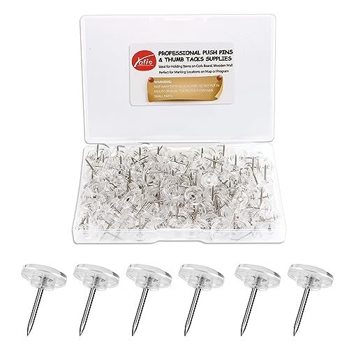 Push Pins 200count Flat Clear Thumb Tacks Steel Point and Plastic Head for Corkboard and Wooden Photo Wall