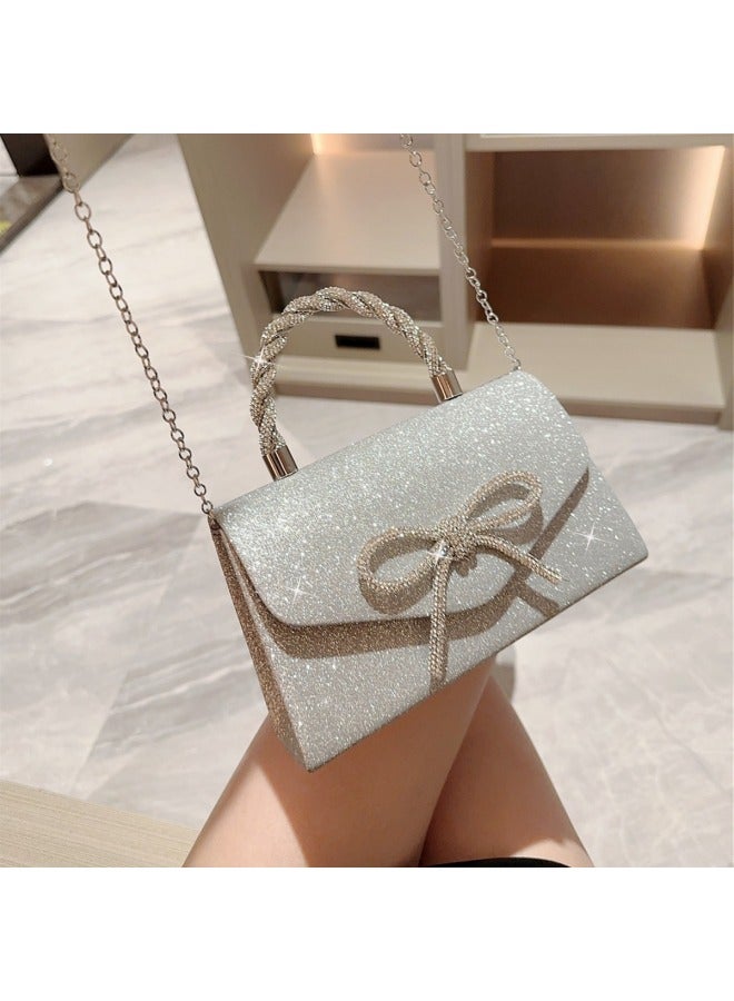 High-end Banquet Bag Dress All-match European And American Hand Bag Crossbody Socialite Fashion Diamond Bow Chain Bag-Color:421 Gold - Image 2