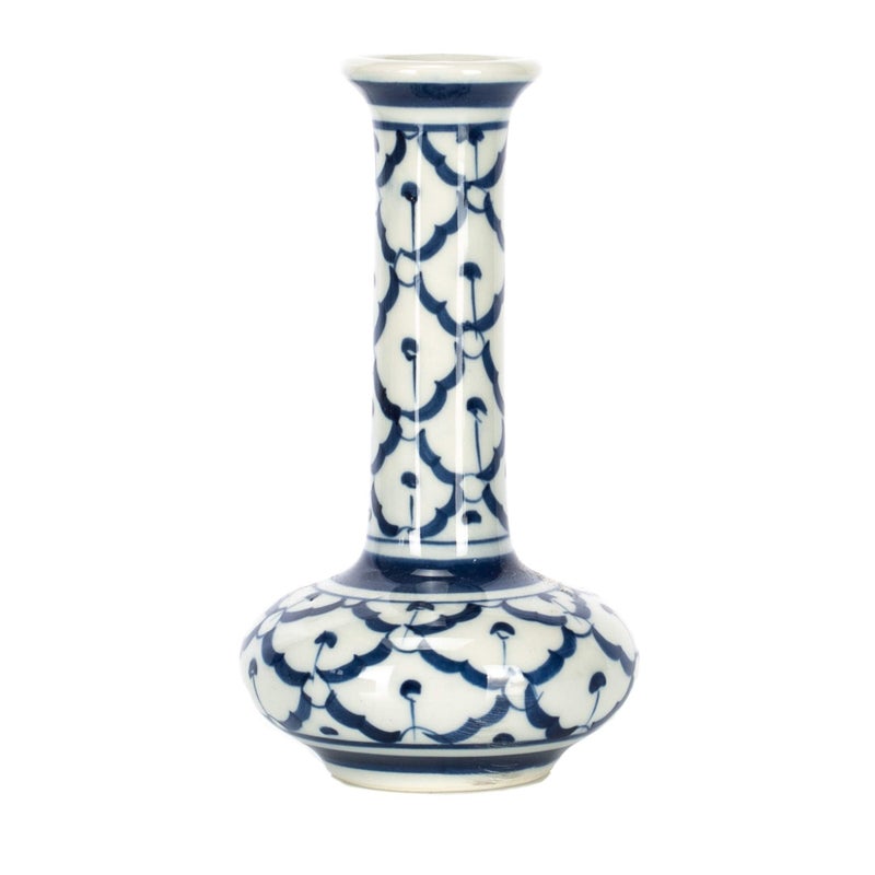 Sea Island Pineapple Long Neck Blue and White 5 inch Porcelain Ceramic Little Bud Vase - Image 1