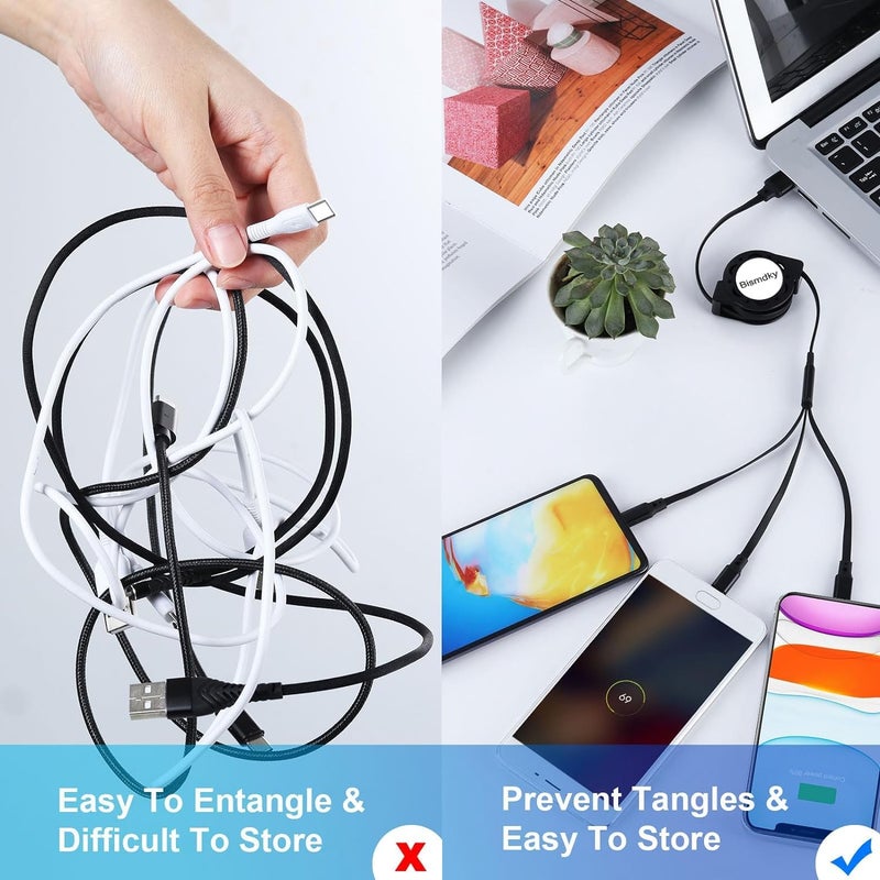 كابل شحن سريع من نوع USB Type C قابل للسحب [3.3 قدم، 3 قطع]، كابل شاحن من USB A إلى C، كابل شحن متزامن للبيانات QC 3.0 مع 3 منافذ USB C، مناسب لهاتف Phone 15 Pro Max Plus و Pad Pro و Galaxy S23 (أسود) - Image 2