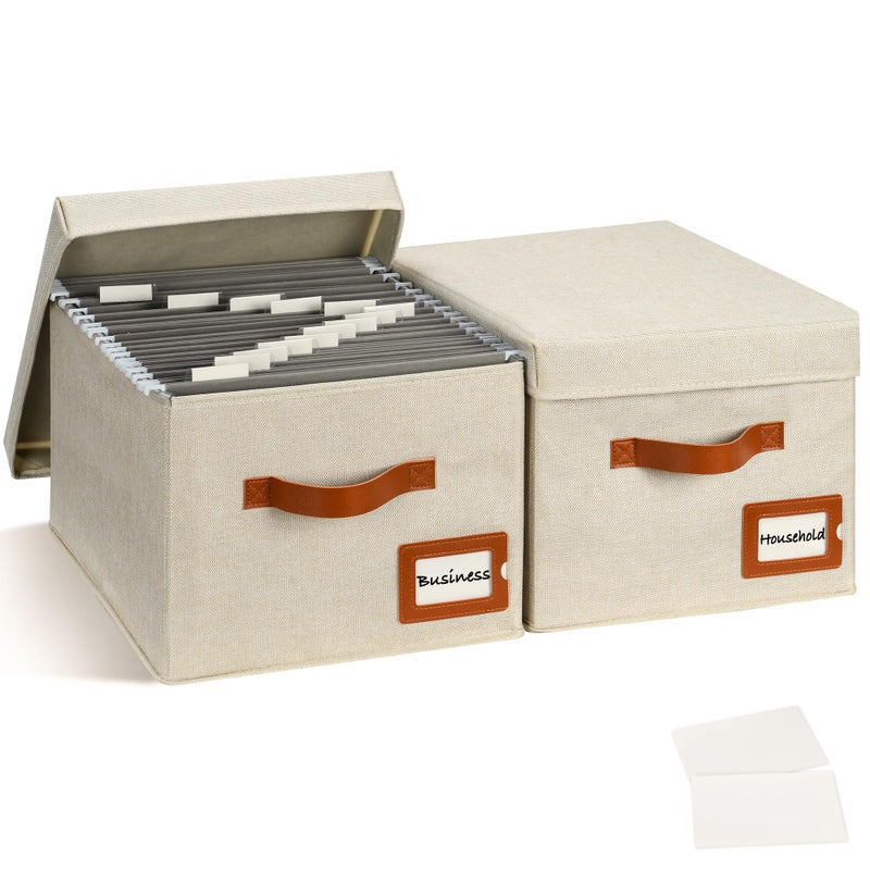 Storage Standard 2-Pack File Organizer Box with Lid - Collapsible Hanging Linen Document Organizer Portable File Boxes, Lightweight & Portable Filing Box Crates with Handles & Extras, Ivory - Image 2