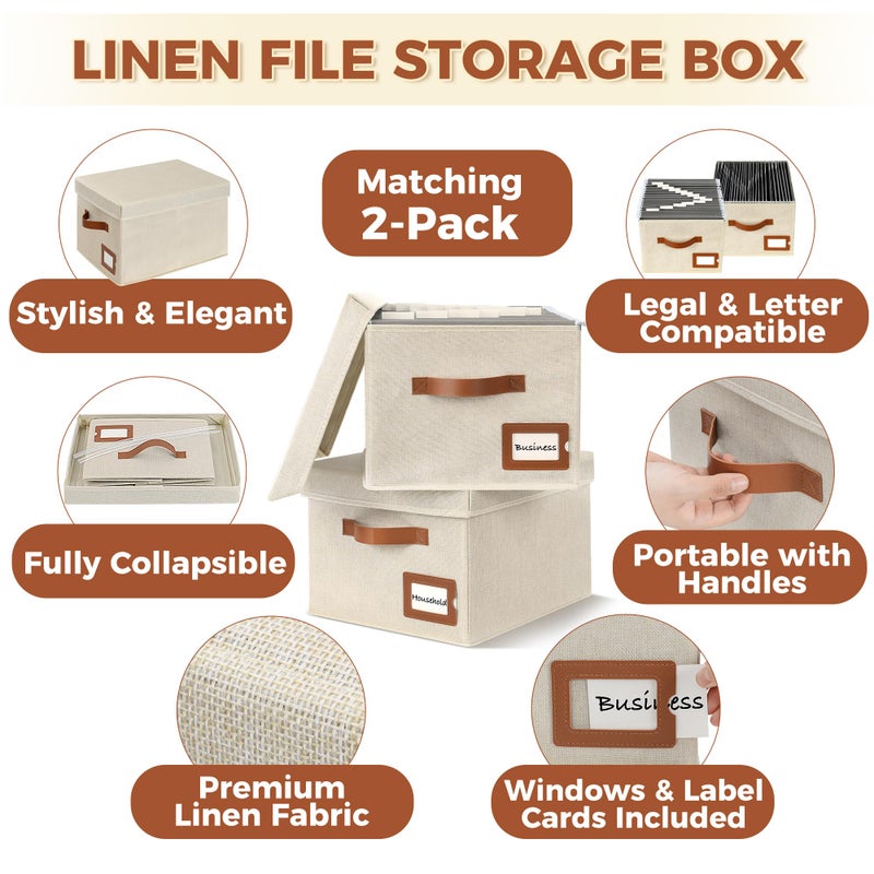 Storage Standard 2-Pack File Organizer Box with Lid - Collapsible Hanging Linen Document Organizer Portable File Boxes, Lightweight & Portable Filing Box Crates with Handles & Extras, Ivory - Image 4