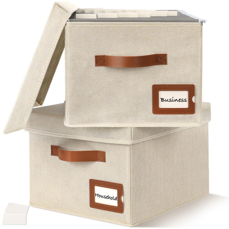 Storage Standard 2-Pack File Organizer Box with Lid - Collapsible Hanging Linen Document Organizer Portable File Boxes, Lightweight & Portable Filing Box Crates with Handles & Extras, Ivory - Image 1