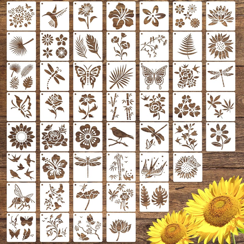 CH HAICHENG 50 PCS Flower Painting Stencils Reusable Flower Stencils for Painting on Wood Rocks Canvas Fabric Glass Pottery 4x4 Inch - Image 1