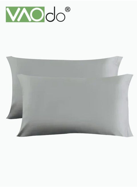 2PCS Cotton Pillowcase Skin-friendly Soft Breathable Solid Color Pillowcase (Large 48*72CM Grey)